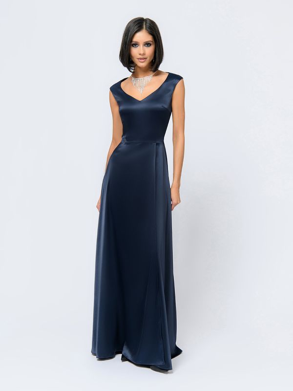 Dark blue maxi length dress with imitation flare