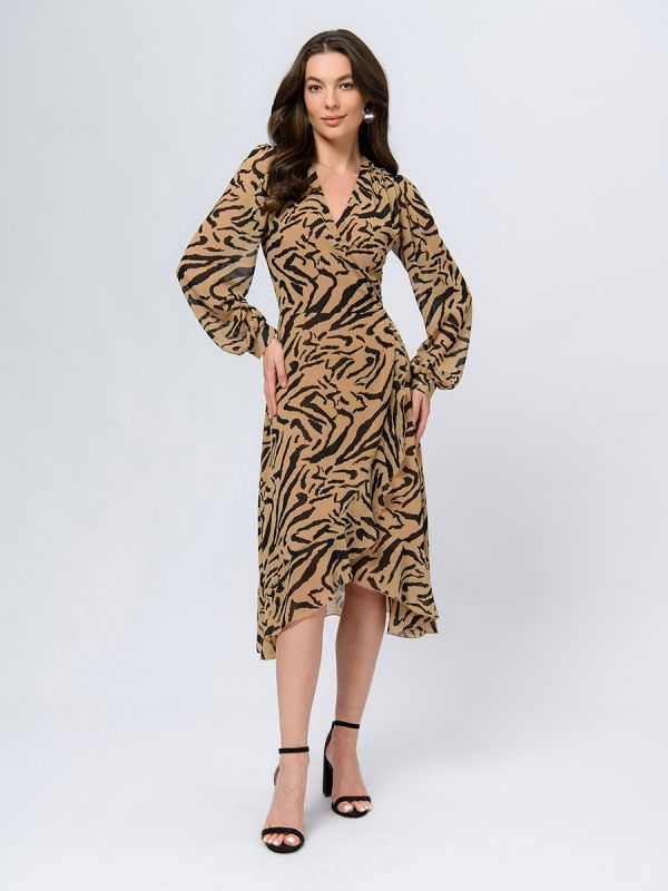 Beige colored midi length dress with animalistic print