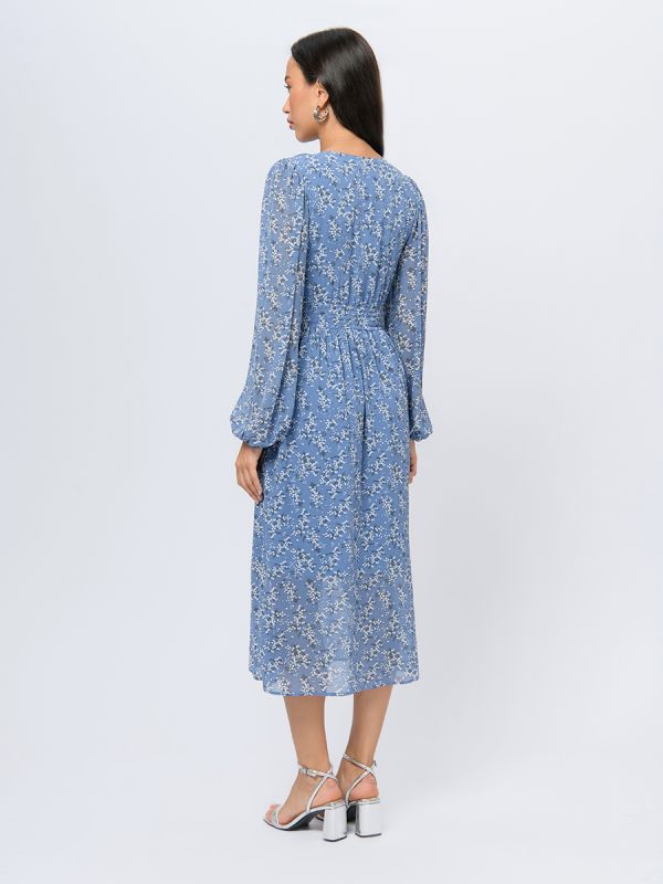 Blue colored midi length dress with floral print and V-neckline