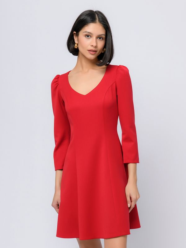 Red mini length dress with 3/4 sleeves and v-neckline