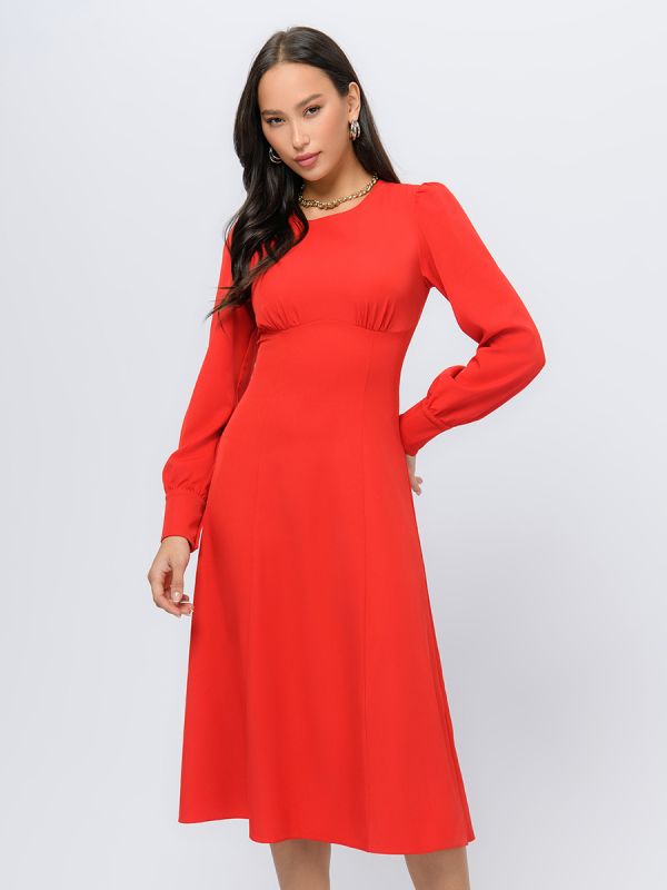 Red colored midi length dress with long sleeves