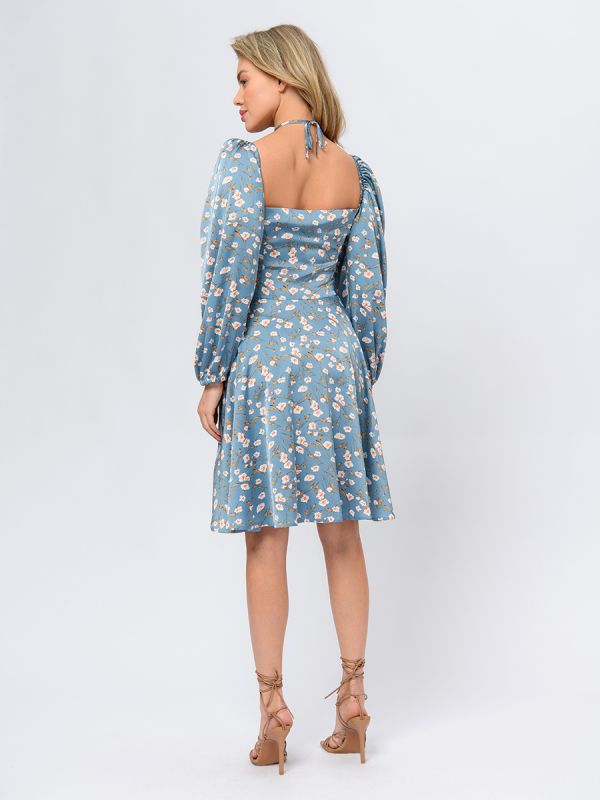 Mini length gray-blue print dress with gathering on the bodice