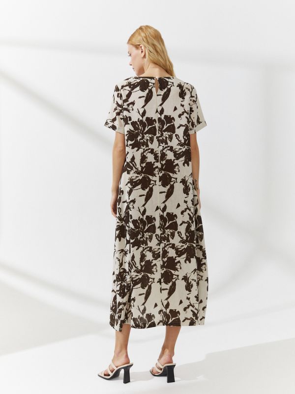 Beige print midi length dress with short sleeves and pockets