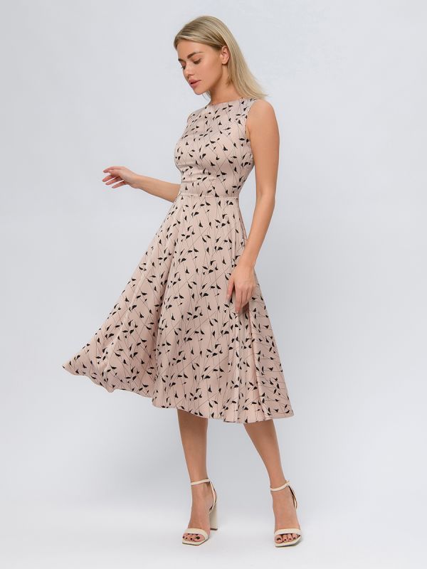 Beige print midi length sleeveless dress