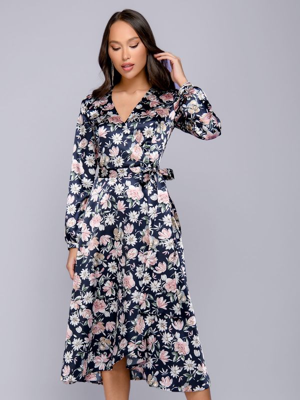 Midi length navy blue print dress with flare and long sleeves