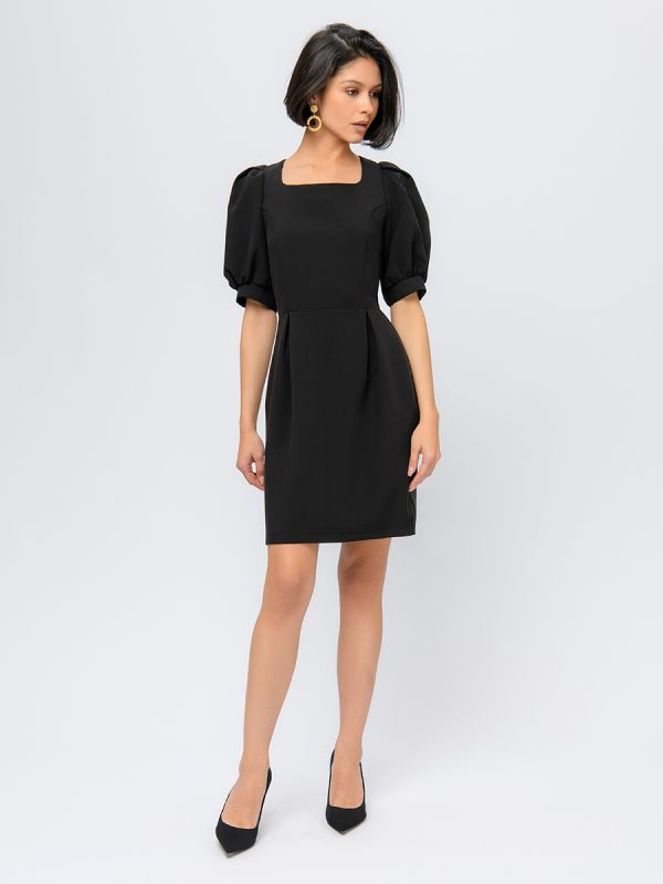 Black mini length dress with rectangular neckline