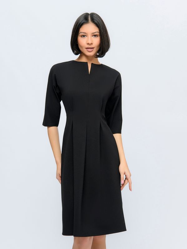 Black midi length dress with waist flaps and 3/4 sleeves