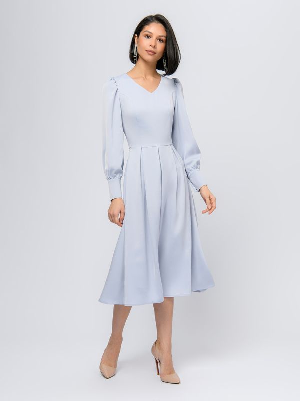 Grey-blue midi length dress with long sleeves