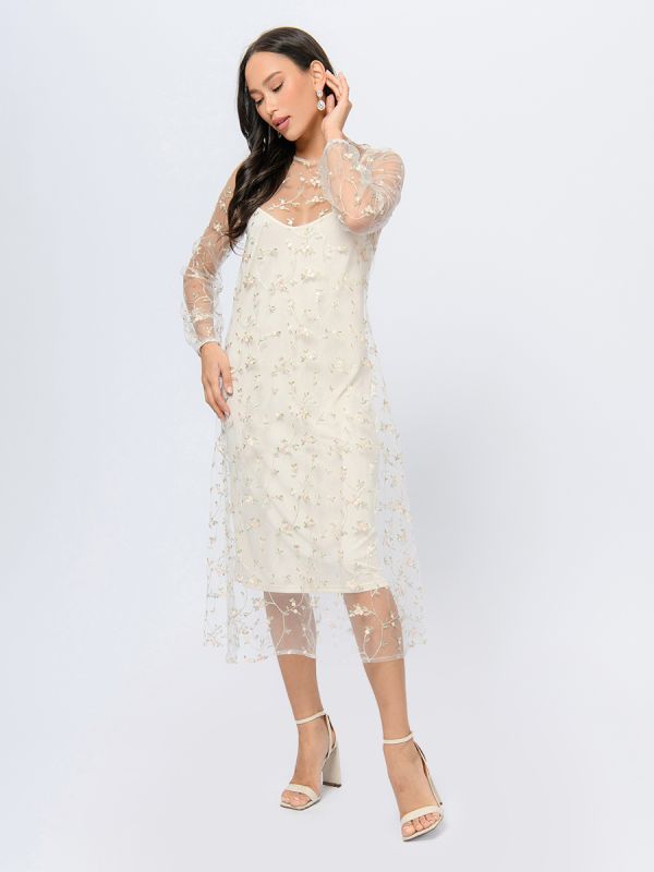 Beige colored midi length dress with floral embroidery