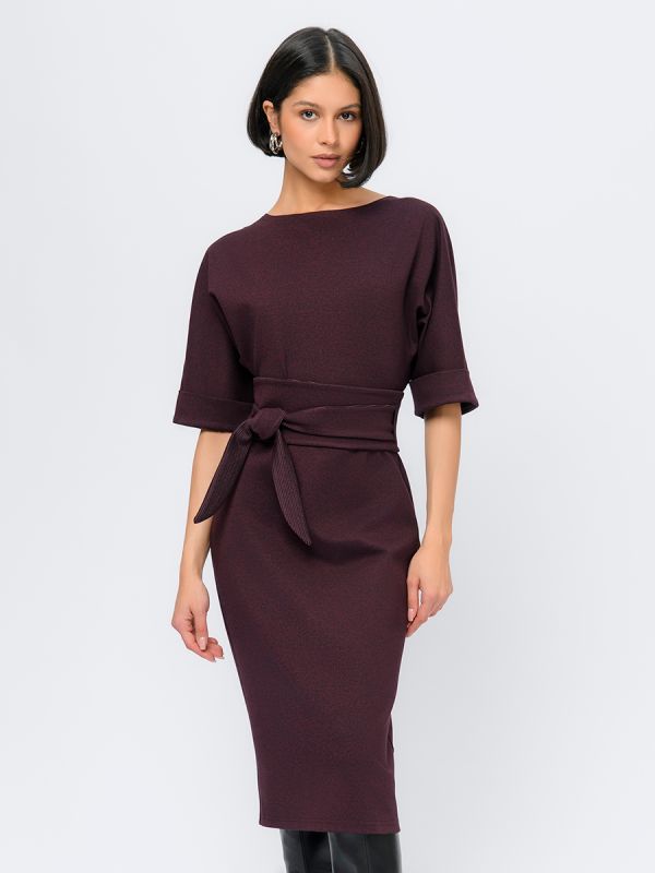 Midi length burgundy dress with belt and batwing sleeves