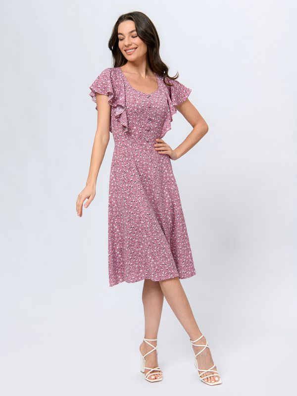 Purple colored midi length dress with floral print and short sleeves