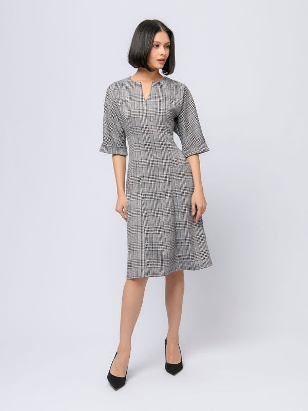 Gray midi length dress with pink cage and 3/4 sleeves