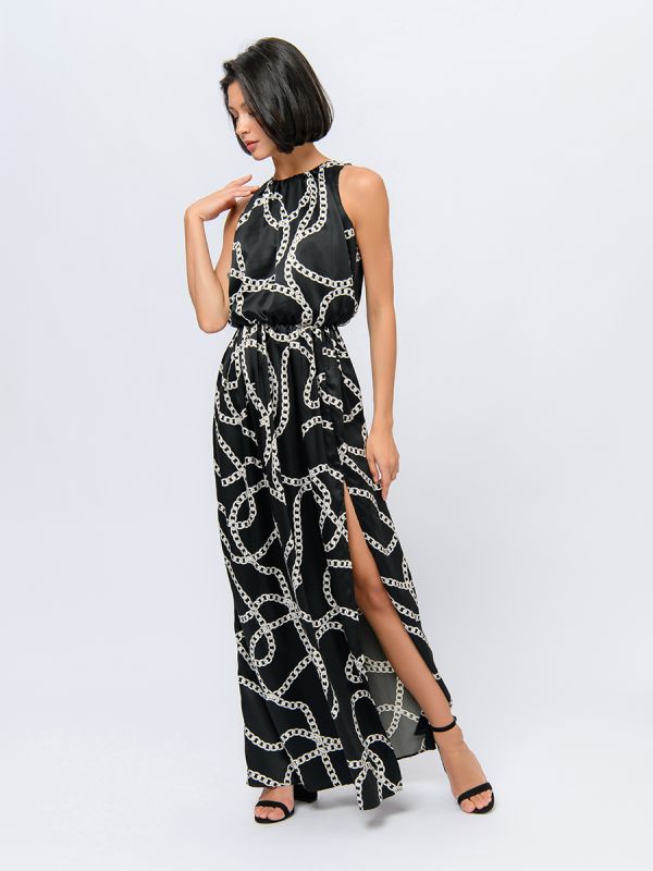 Black maxi length dress with print and skirt slit