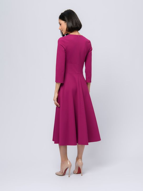 Berry colored midi length dress with deep neckline and 3/4 sleeves