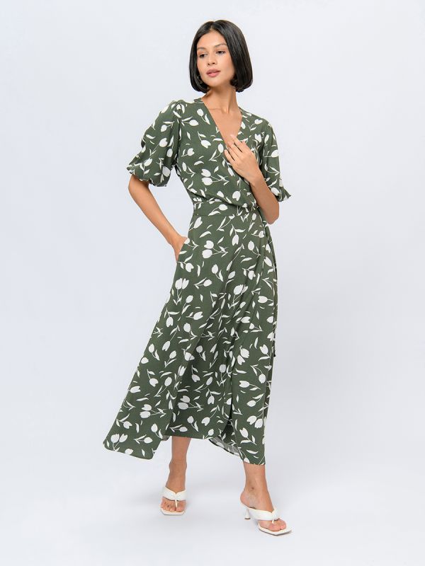 Khaki colored midi length dress with printed flare and puffed sleeves