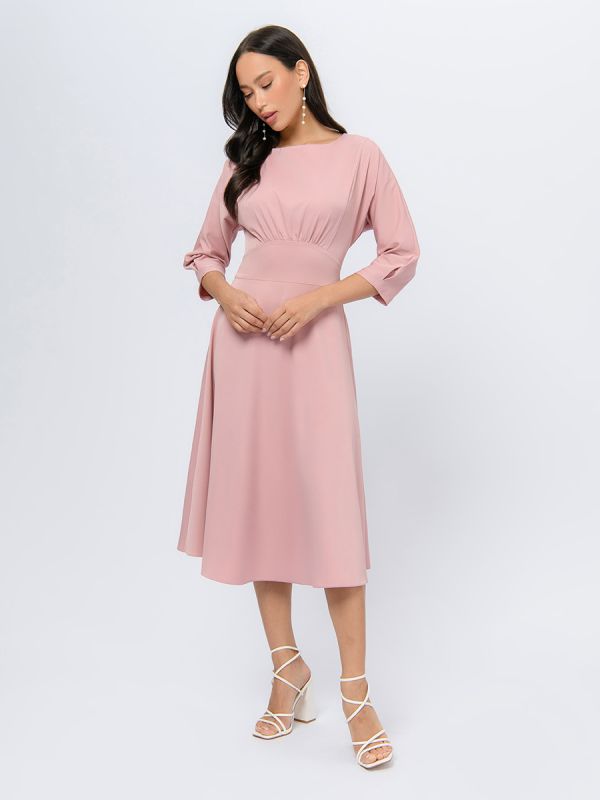 Midi length powder colored dress with flared skirt