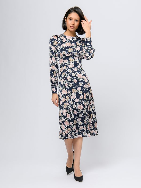 Dark blue color midi length dress with floral print