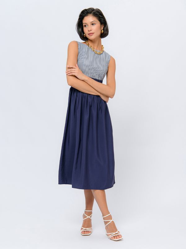 Dark blue midi length dress with printed top and sleeveless sleeves