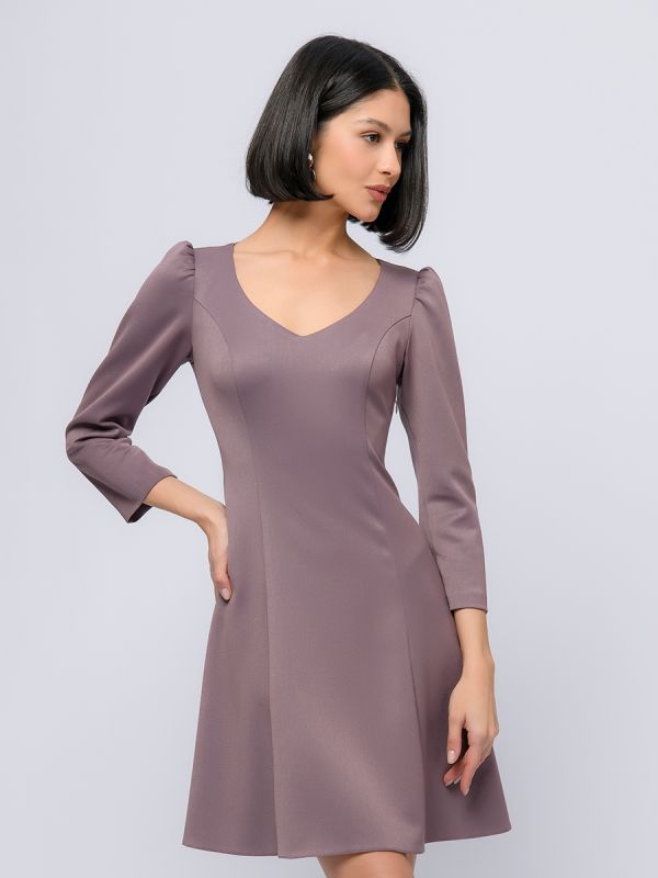 Mini length mocha colored dress with 3/4 sleeves and v-neckline