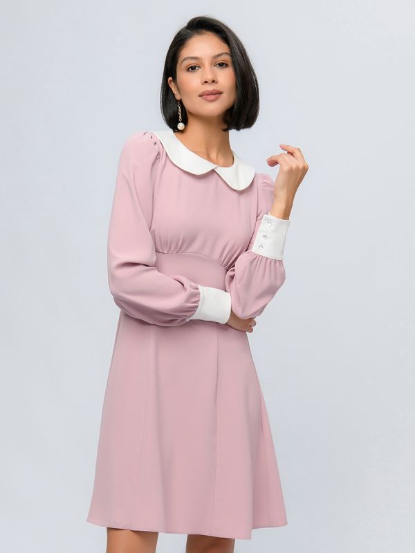 Pink colored mini length dress with stand-up collar