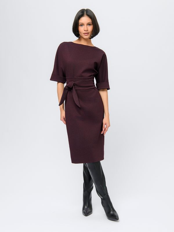 Midi length burgundy dress with belt and batwing sleeves