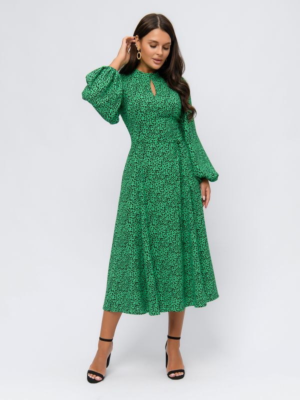 Green printed midi length dress with voluminous sleeves and slit