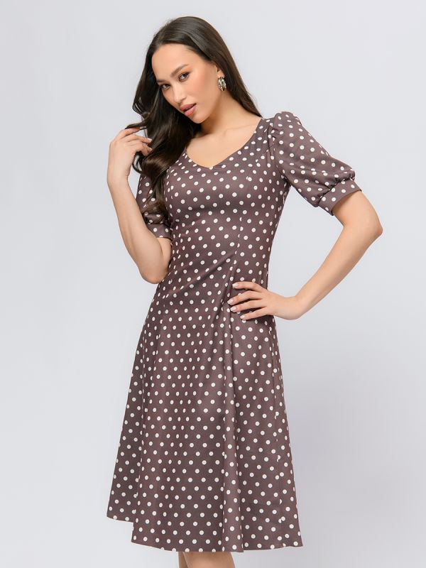 Beige polka dot midi length dress with V-neckline