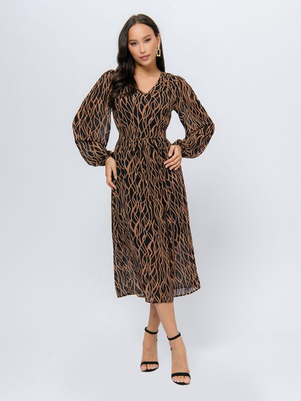 Black midi length dress with print and V-neckline