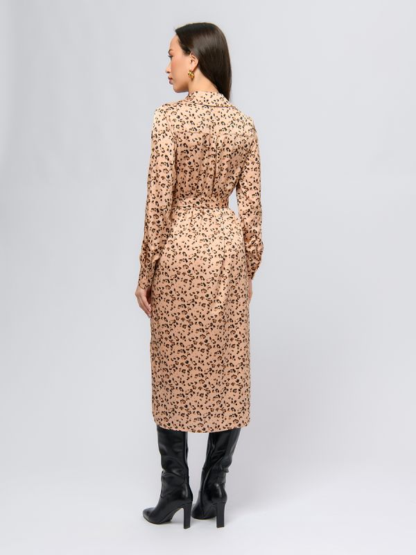 Beige color midi length dress with print and long sleeves