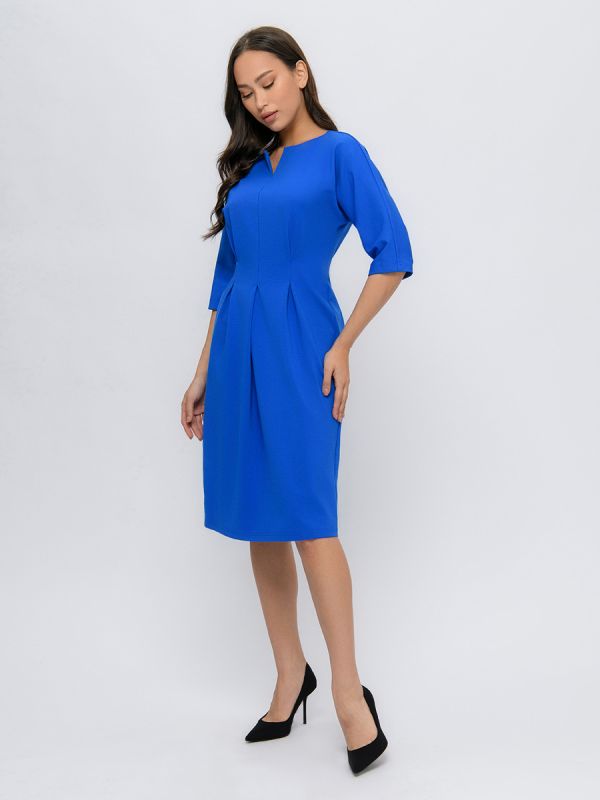 Cornflower colored midi length dress with waist cinches and 3/4 sleeves