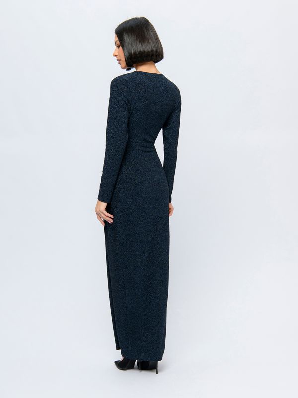 Dark blue maxi length dress with knot on the waist