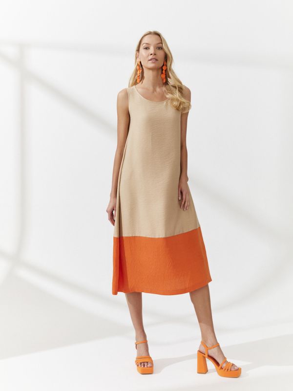 Beige dress with orange insert midi length with sleeveless pockets