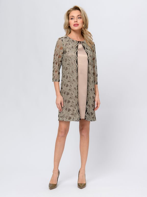 Beige colored mini length dress with gold embroidery and 3/4 sleeves