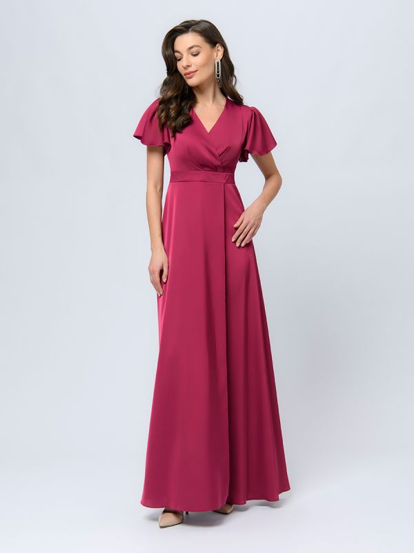 Cherry colored maxi length dress with deep neckline and shaped sleeves