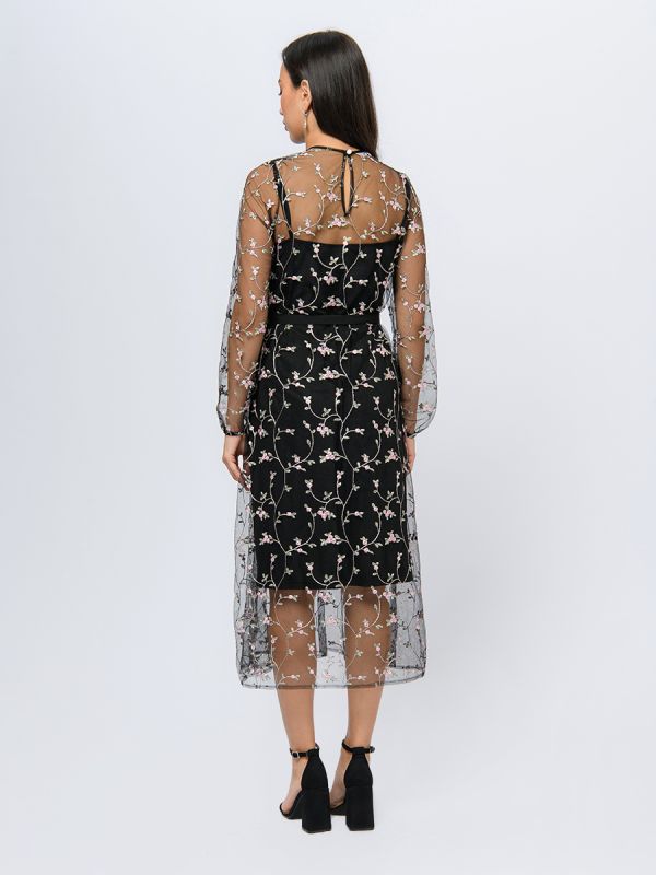 Black color midi length dress with floral embroidery