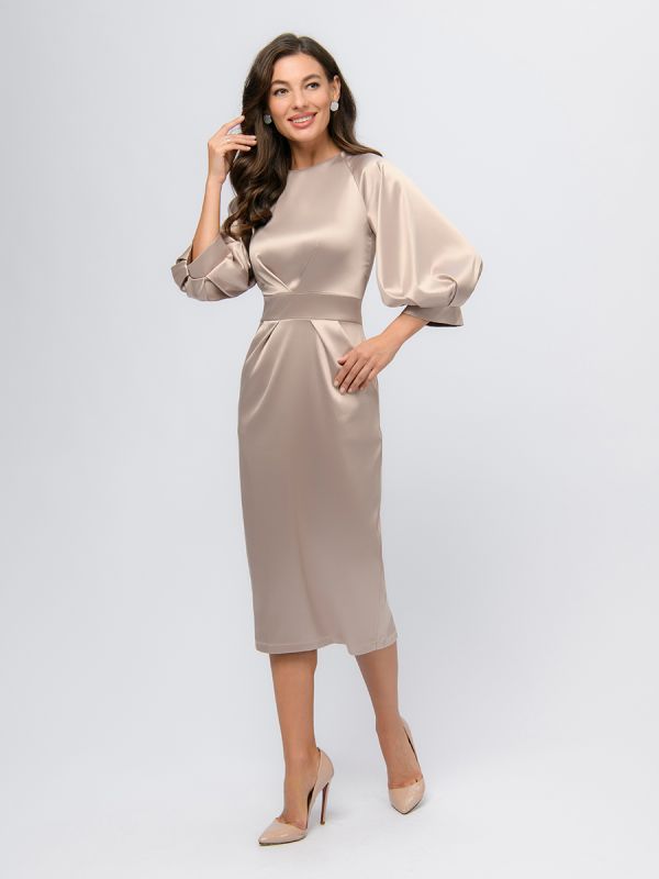 Beige colored midi length dress with puffed sleeves