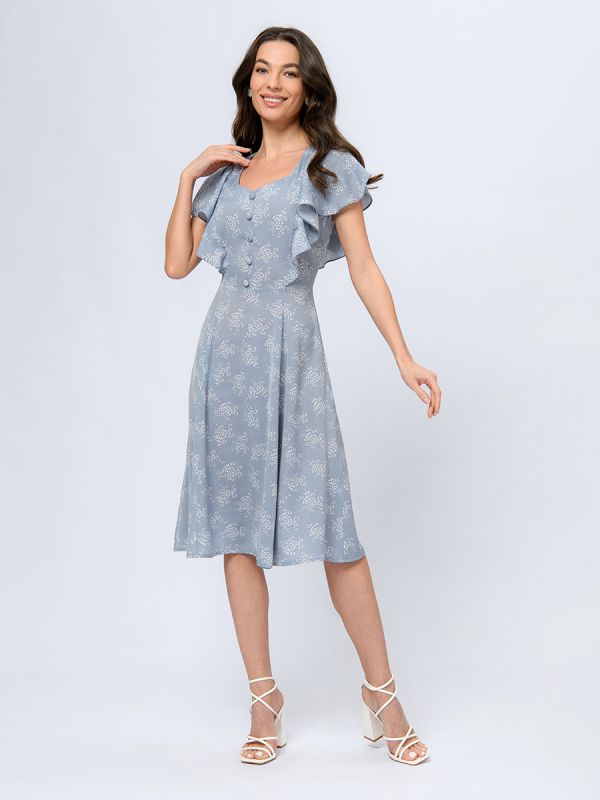 Blue color midi length dress with print and short sleeves