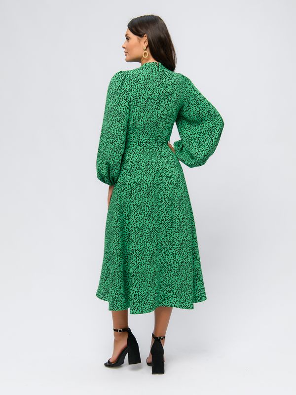 Green printed midi length dress with voluminous sleeves and slit