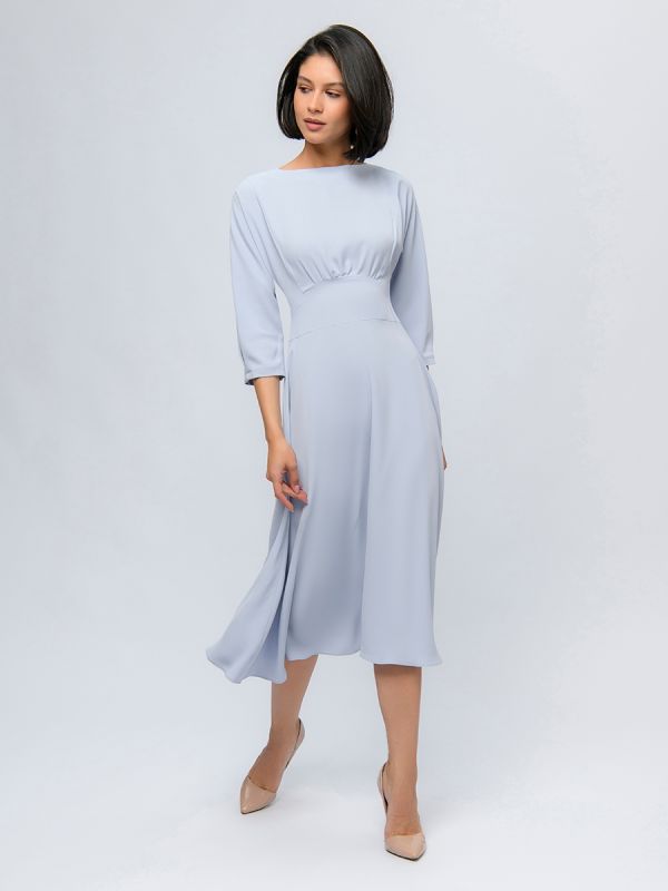 Grey-blue midi length dress with flared skirt