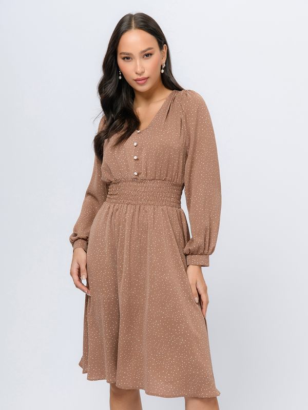 Beige polka dot midi length dress with wide elastic waist band