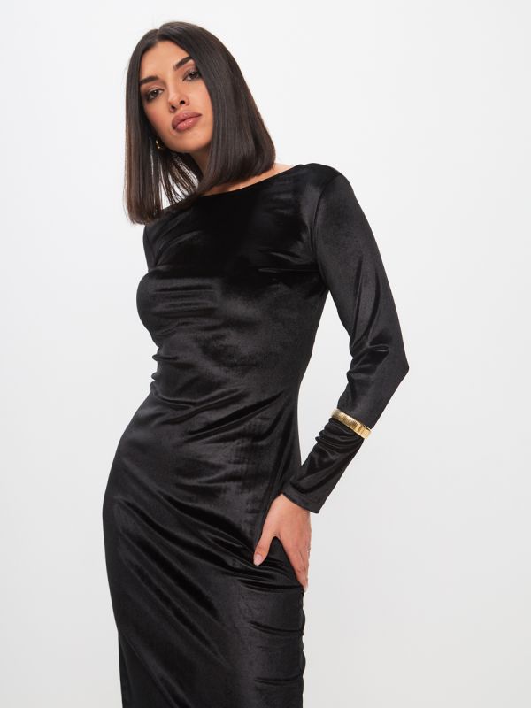 Black midi length flare dress with V-neck on back