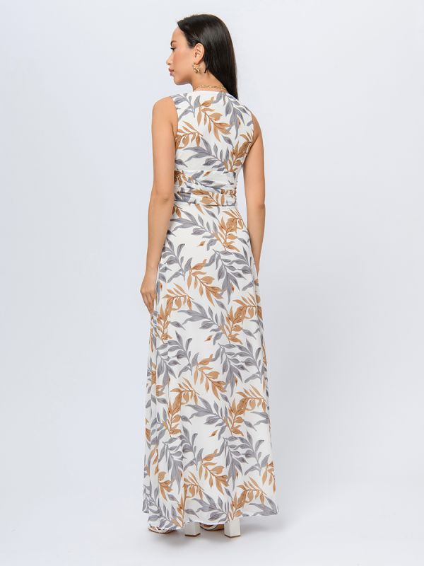 Milk colored maxi length dress with floral print and deep neckline